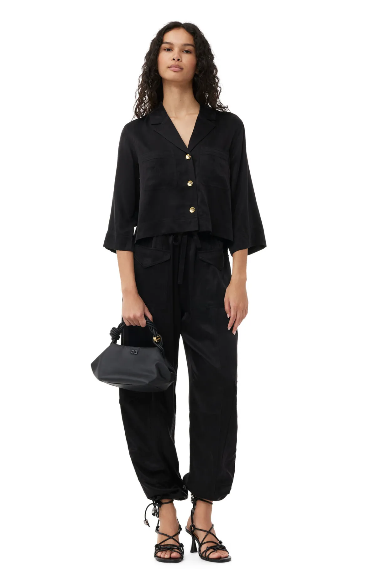 Outlet GANNI Washed Satin Crop Shirt Black