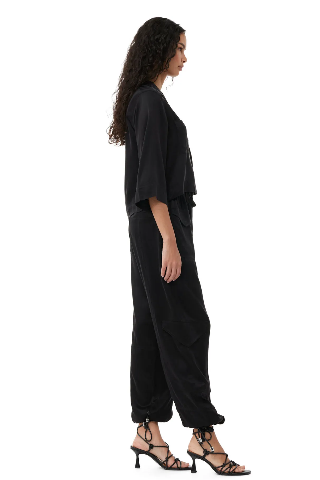 Outlet GANNI Washed Satin Crop Shirt Black
