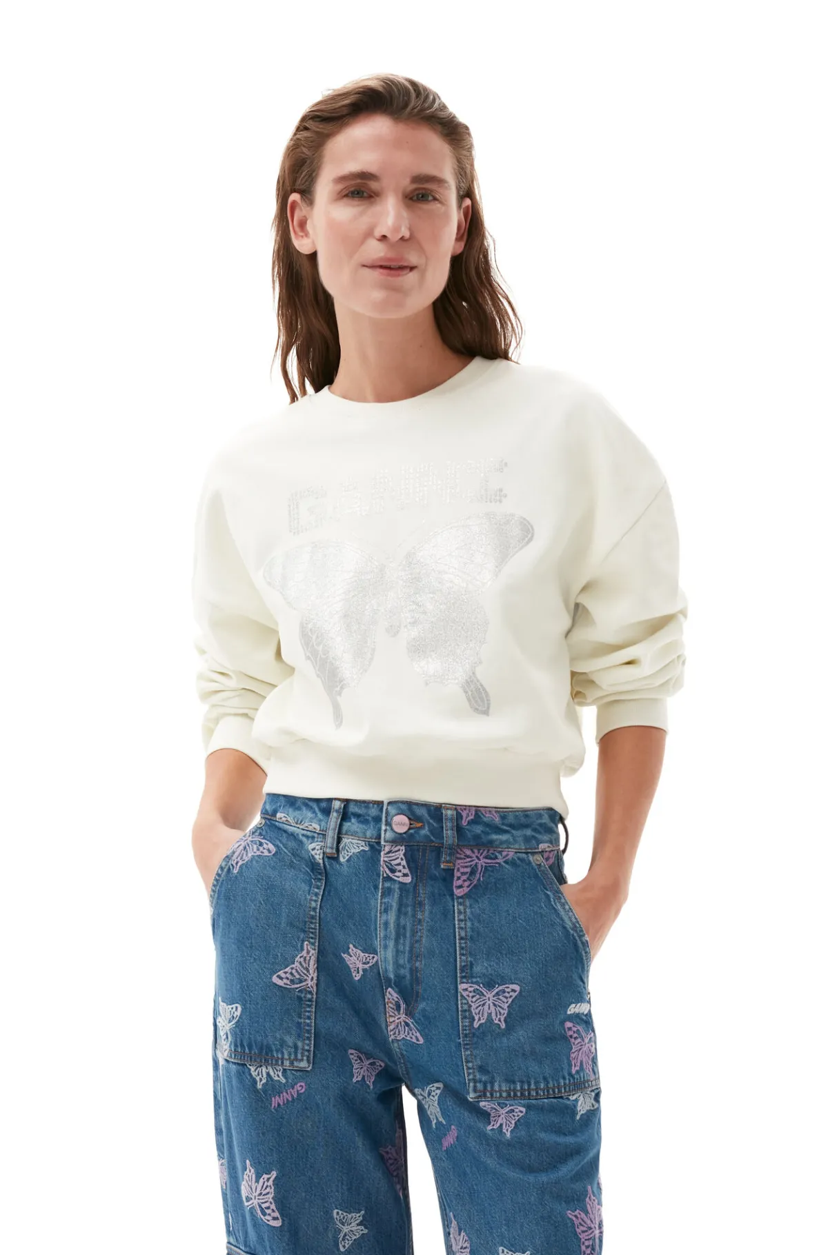 Outlet GANNI White Butterfly Sweatshirt Egret