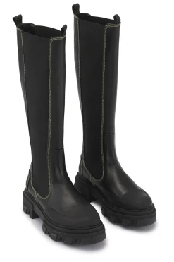 Clearance GANNI Yellow Stitch Knee-High Chelsea Boots Black