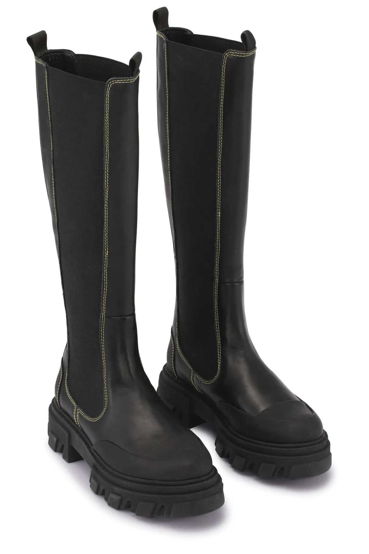 Clearance GANNI Yellow Stitch Knee-High Chelsea Boots Black
